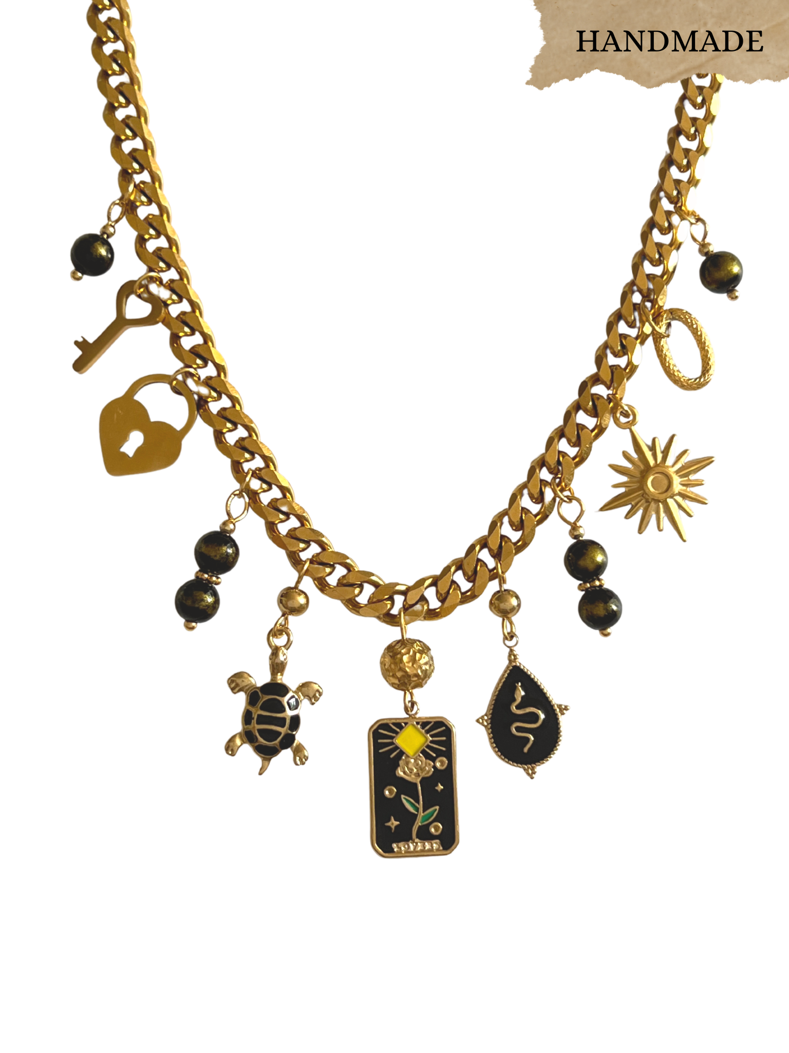 MULTI CHARM PINK GOLD  BLACK ENAMEL NECKLACE